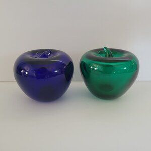 Green & Blue Glass Apple Paperweights Office Accent Handcrafted Glass 3.5" Tall